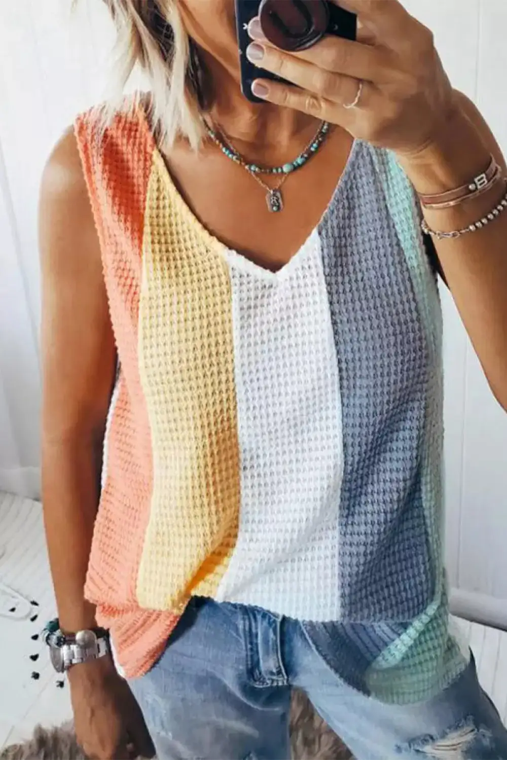 Block V Neck Waffle Knit Tank Top