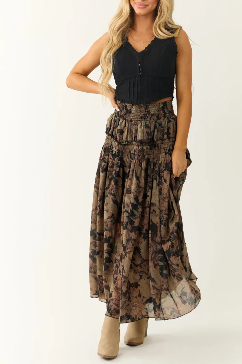 Black Floral Print Tiered Smocked Maxi Skirt