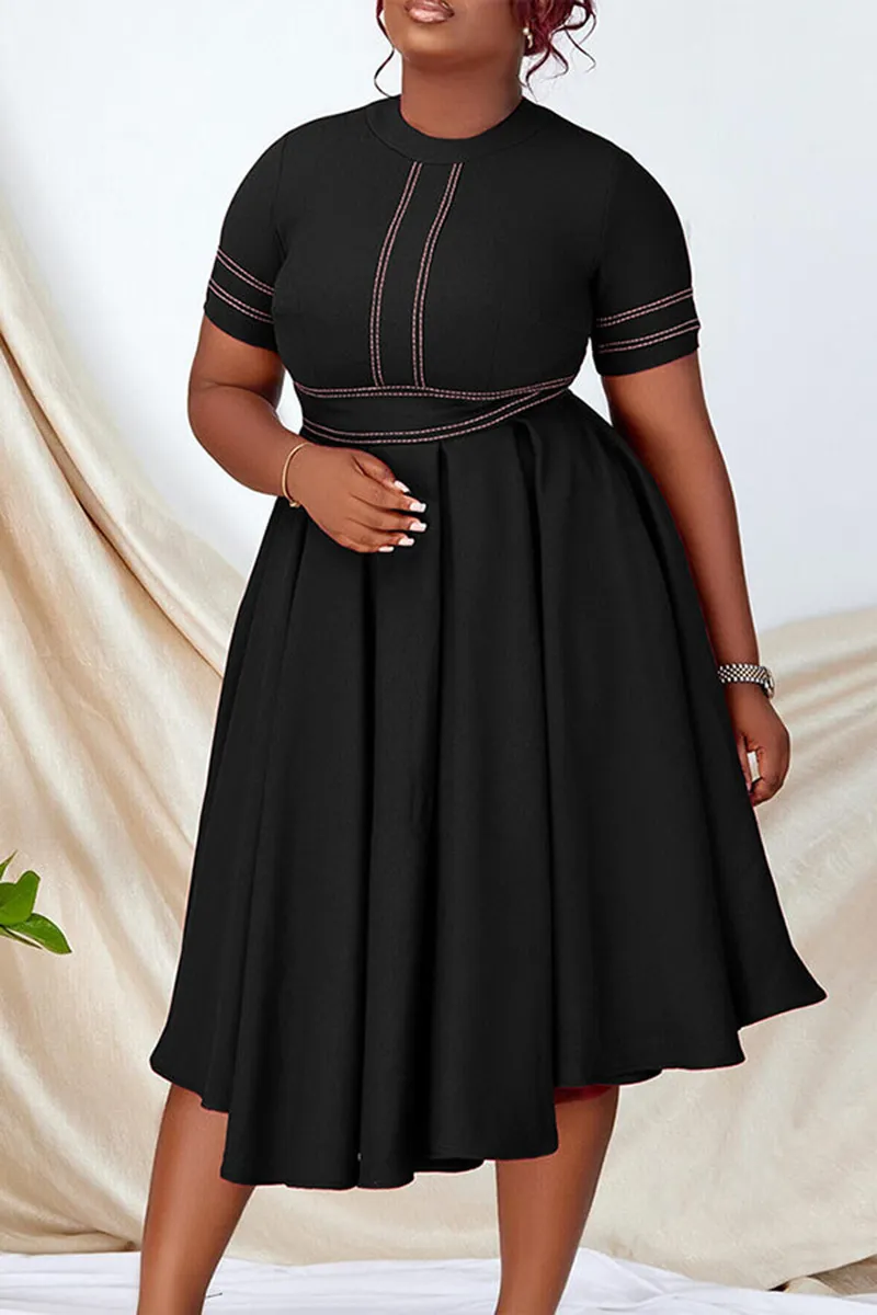 Plus Size Royal Blue Casual High Waist Pleated Round Neck Midi Dresses