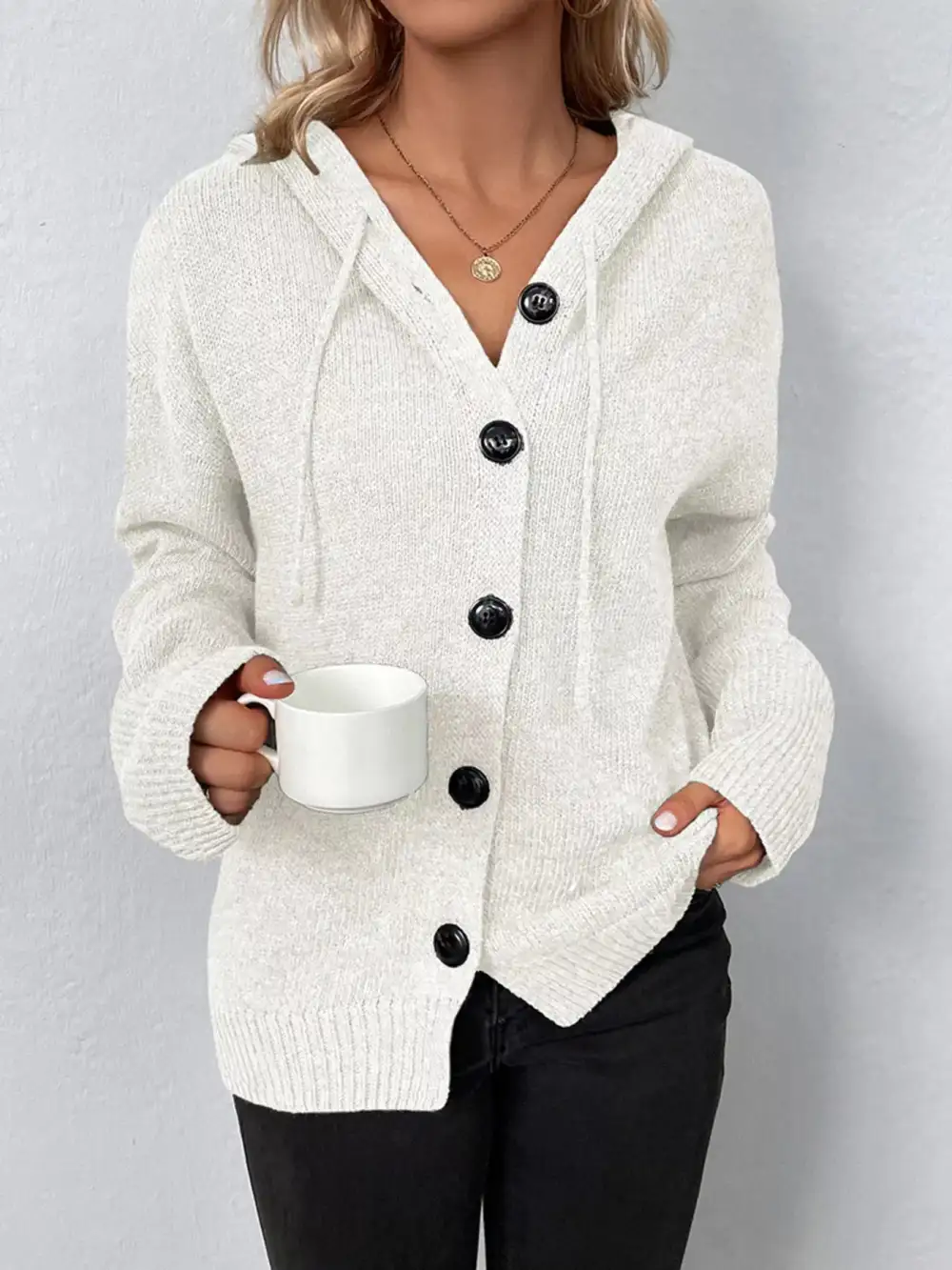 Full Size Cozy Knit Hooded Button Down Cardigan Plus Size