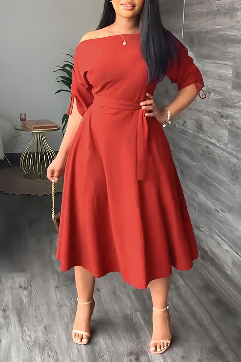 Plus Size Black Business Casual Solid Drawstring Oblique Collar Midi Dresses [New]