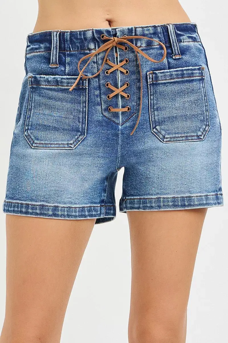 Risen High Rise Front Tie Up Shorts with Patch Pockets