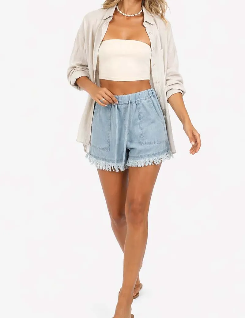 Solid Color Drawstring Waist Frayed Hem Denim Shorts