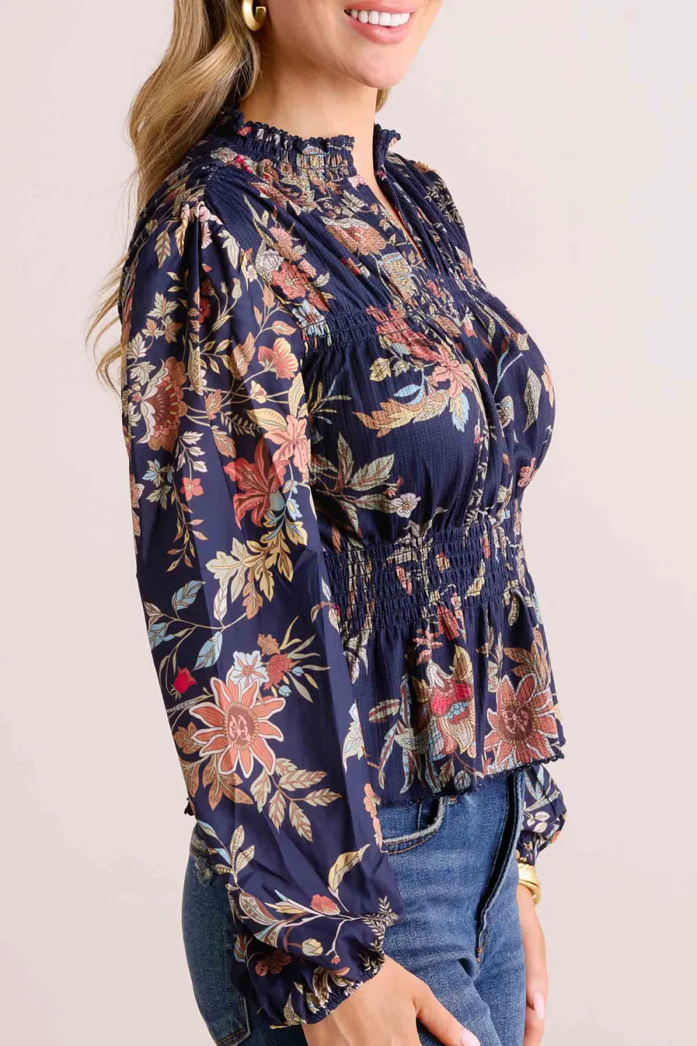 Navy Floral Print Gathered Waist Tie-Neck Blouse