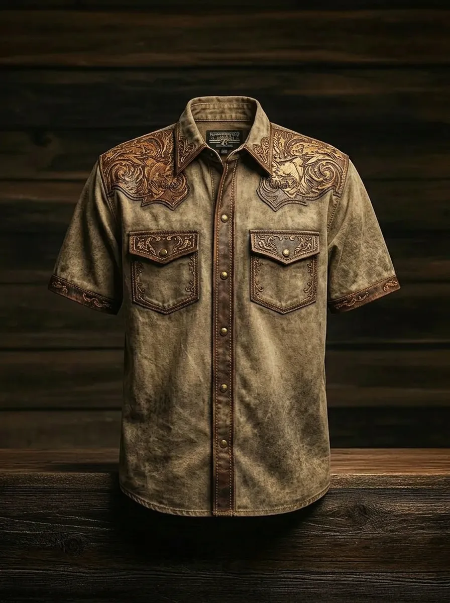 Men's Western Cowboy Floral Tooled Leather Printed Shirt