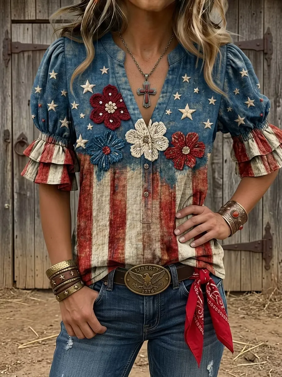 Vintage American Independence Day Art Print V-neck Puff Sleeve Ruffle Shirt
