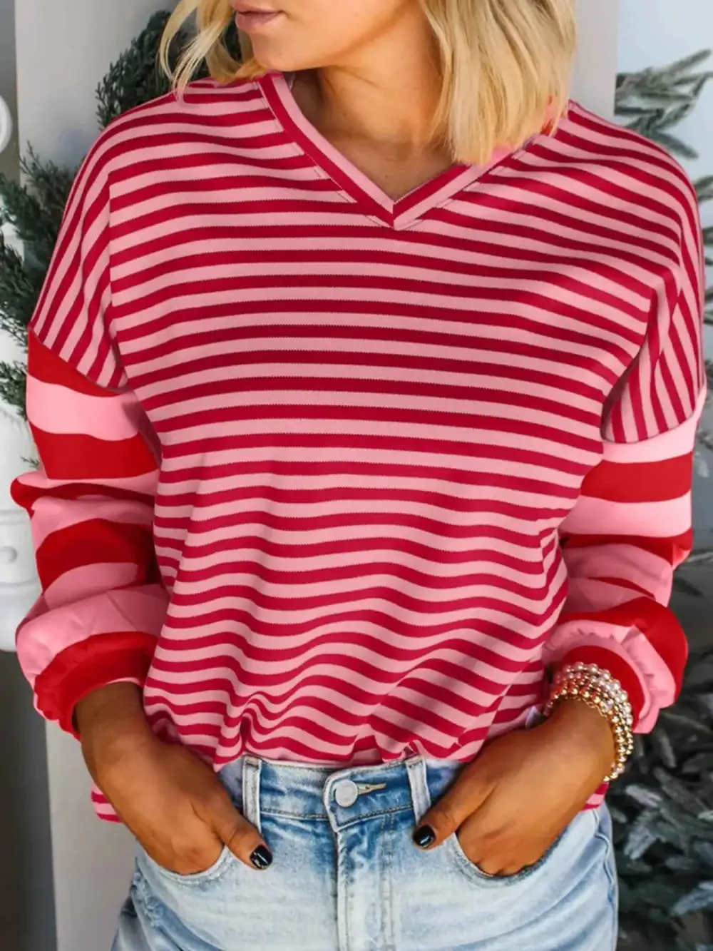 Contrast Striped Drop Shoulder V Neck Top T-Shirt