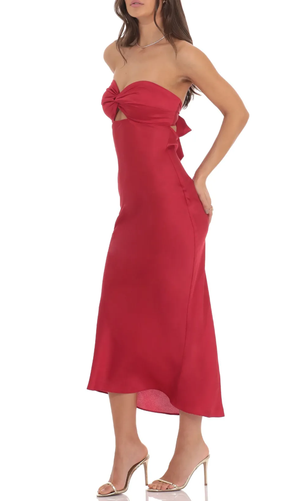Satin Twist Cutout Midi Dress in Red