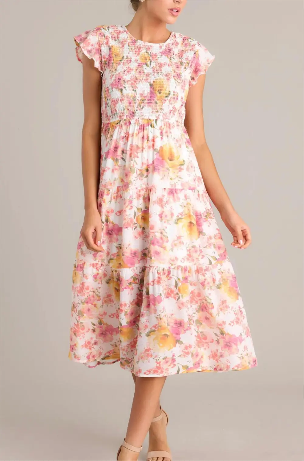 PETAL POWER PINK FLORAL SMOCKED MIDI DRESS