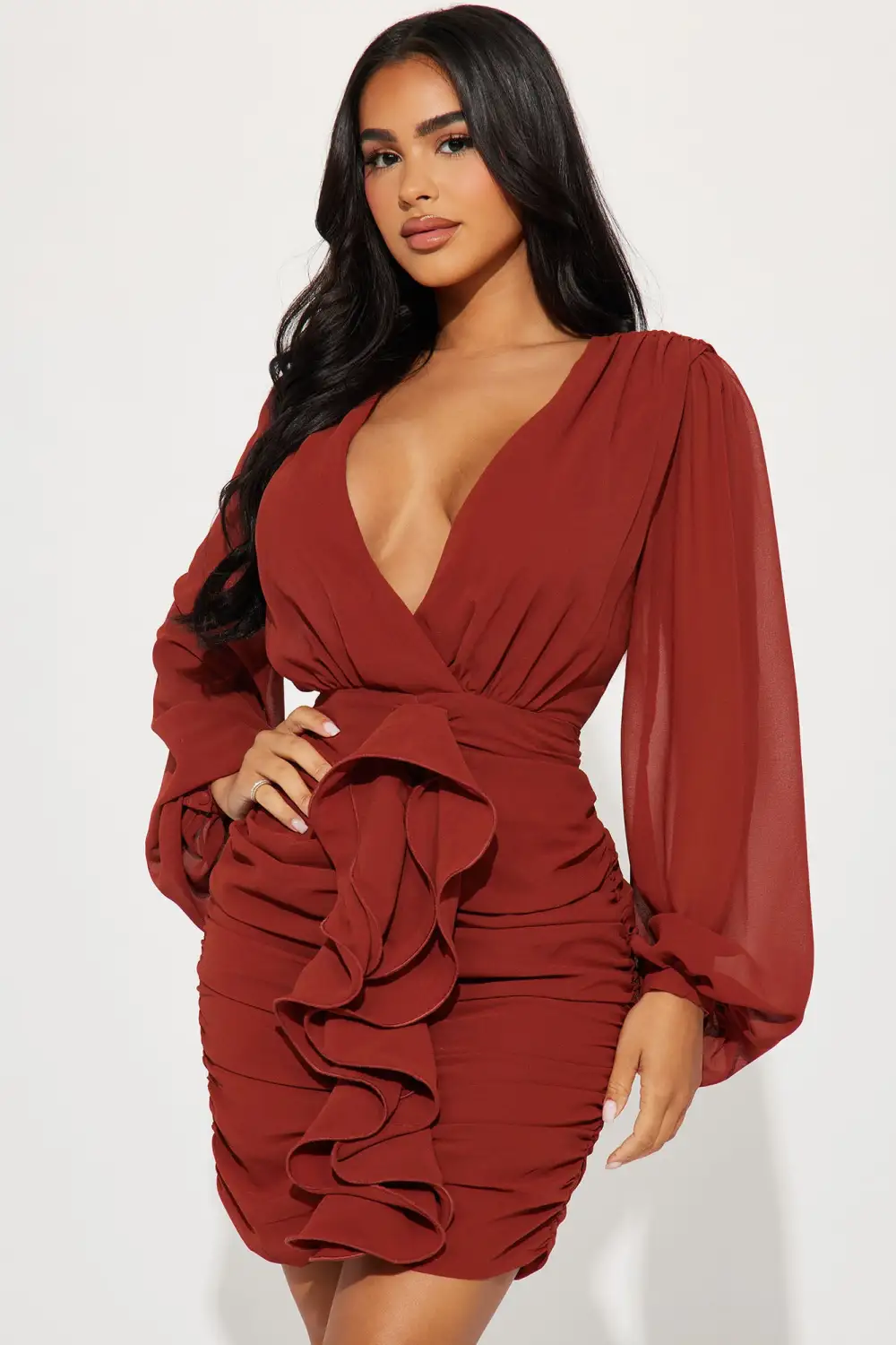 About The Business Ruched Mini Dress - Cognac