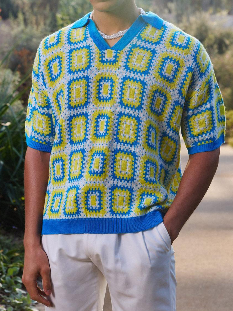 SHORT SLEEVE BOXY FIT CROCHET POLO IN BLUE