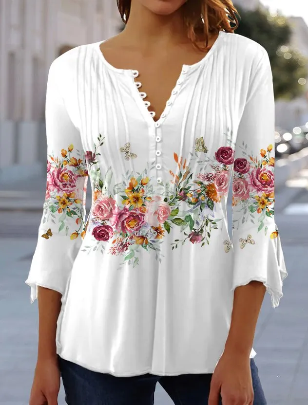 Floral V Neck Regular Fit Casual Top