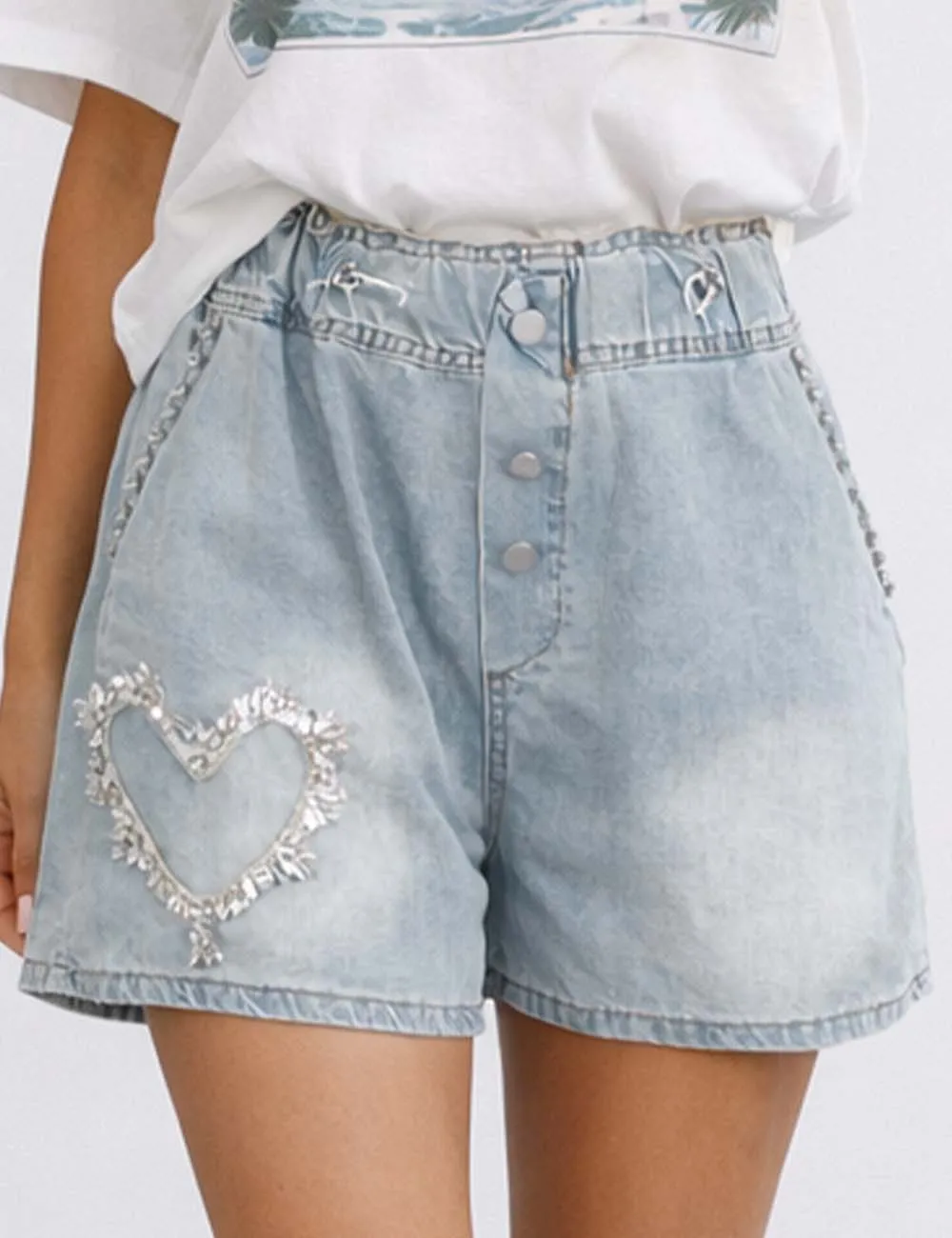 Rhinestone Heart Wide Leg Drawstring Denim Shorts