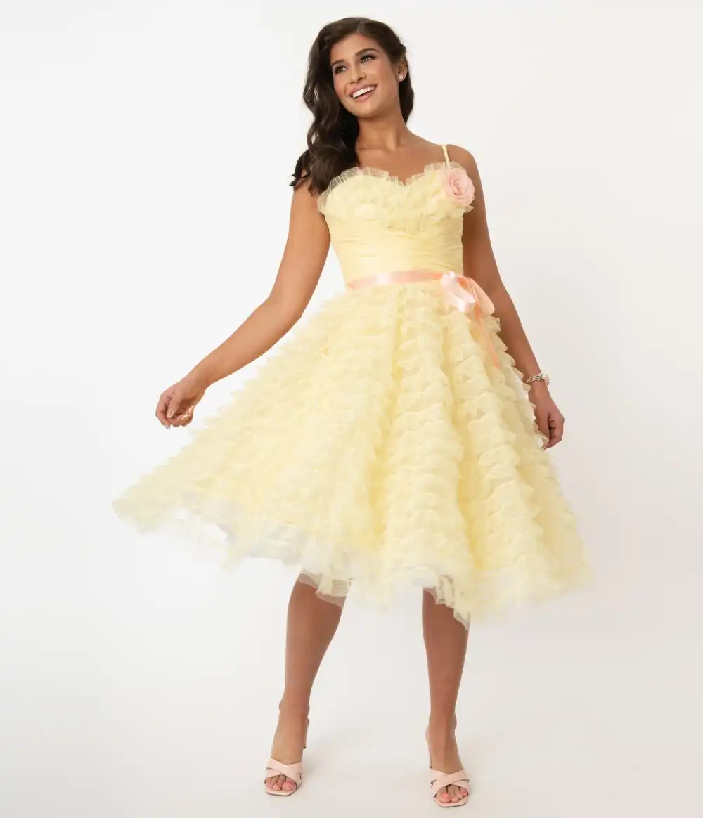 Unique Vintage 1950s Yellow Tulle Cupcake Swing Dress