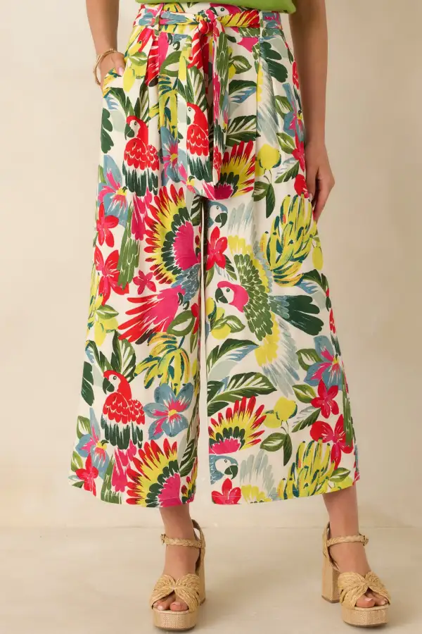 Multicolor Parrot Print Belted Crop Pants