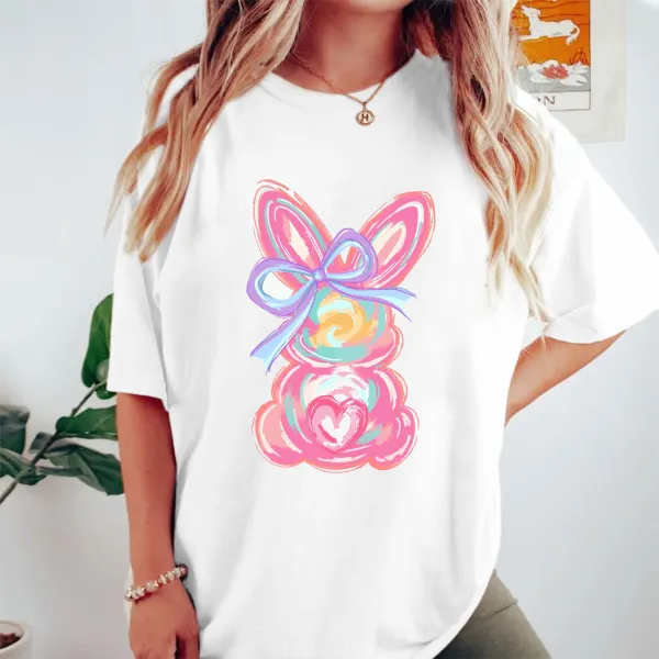 Colorful Bunny Printed Round Neck Short Sleeve T-Shirt