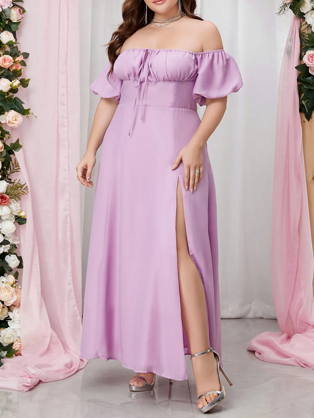 Strapless Dress With Puff Sleeves And High Slits Long Dress Plus Siz