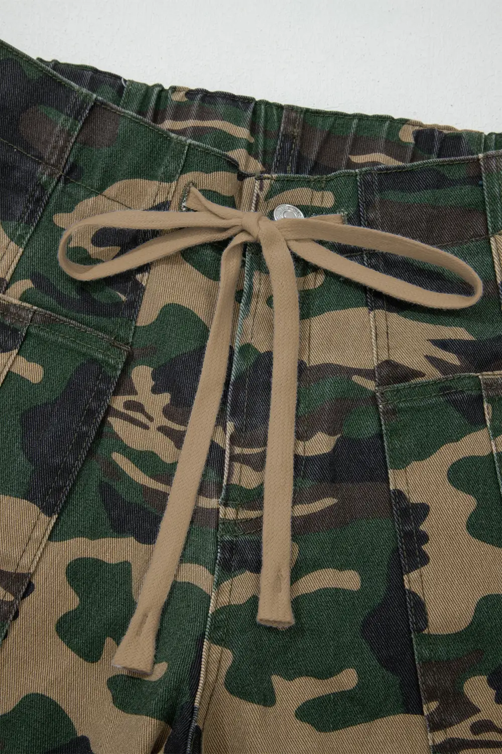 Camouflage Print Drawstring Patch Pocket Barrel Jeans