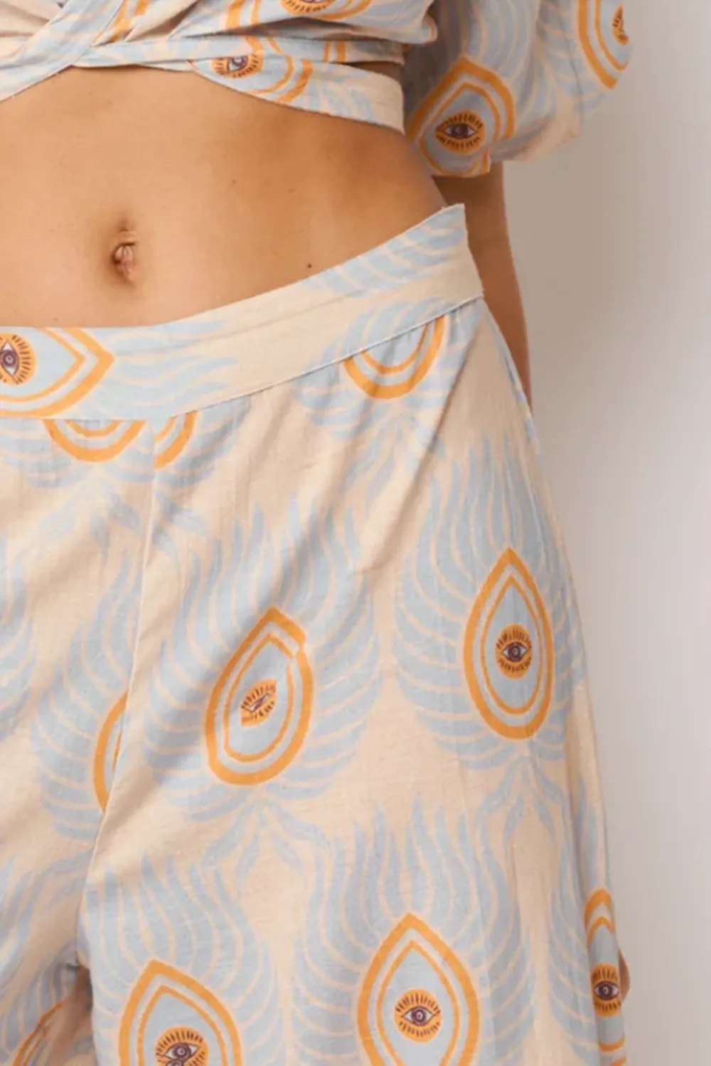 Light Blue And Orange Abstract Print Wrap Crop Top
