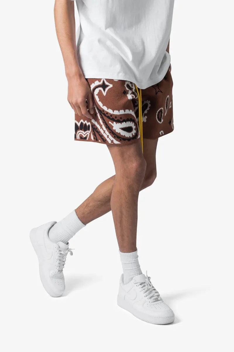 BROWN BANDANA PRINTED ELASTIC WAIST SHORTS