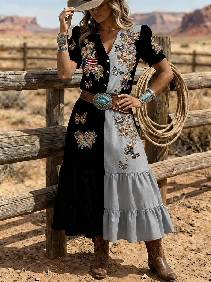 Women's Western Butterfly Embroidered Patchwork Denim Maxi Dress