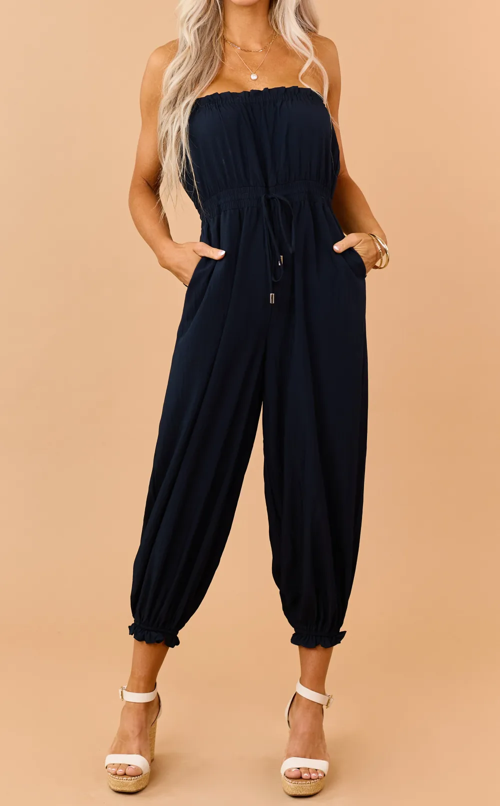 Navy Strapless Balloon Leg Ruffle Trim