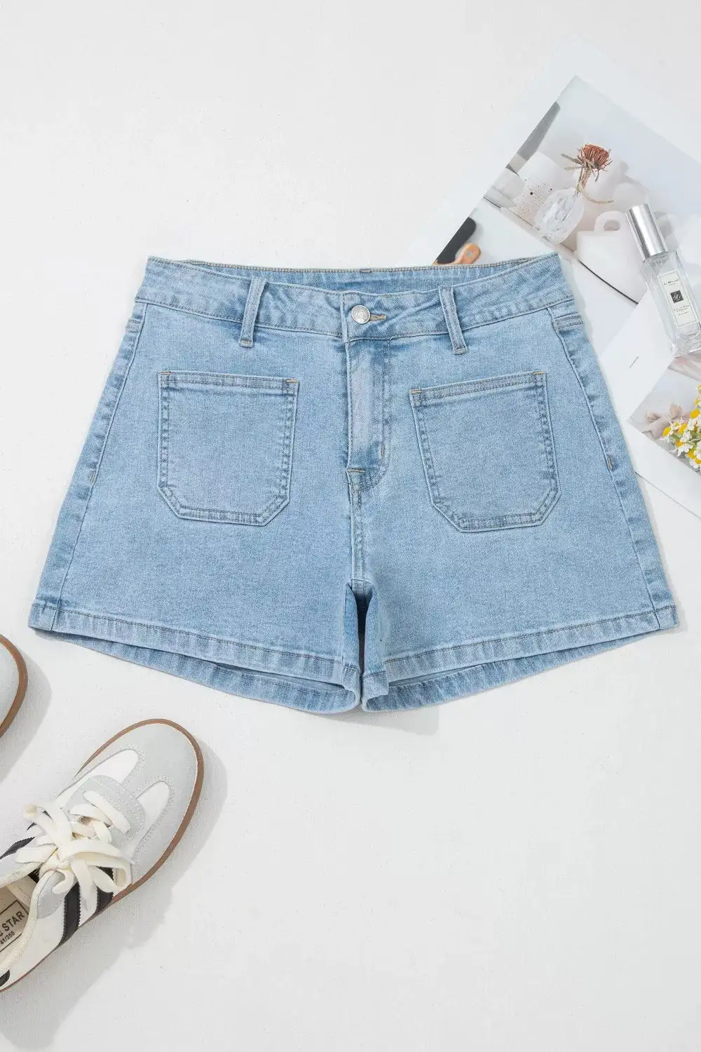 High Rise Patch Pocket Denim Shorts