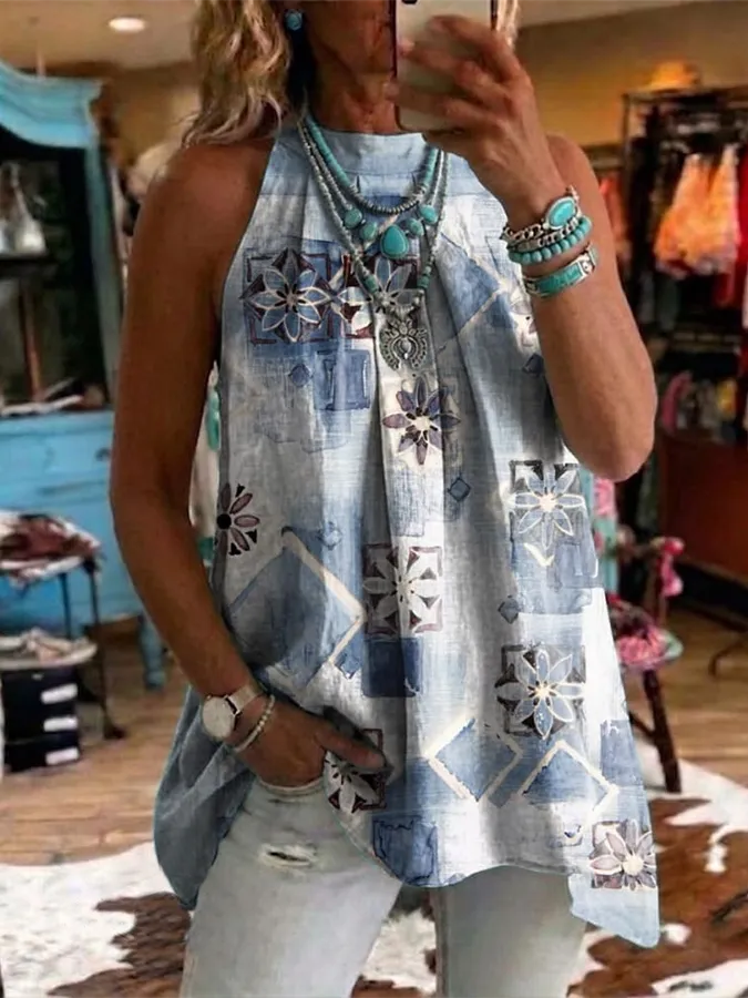 Women's Vintage Art Print Halter-neck Sleeveless Shirt