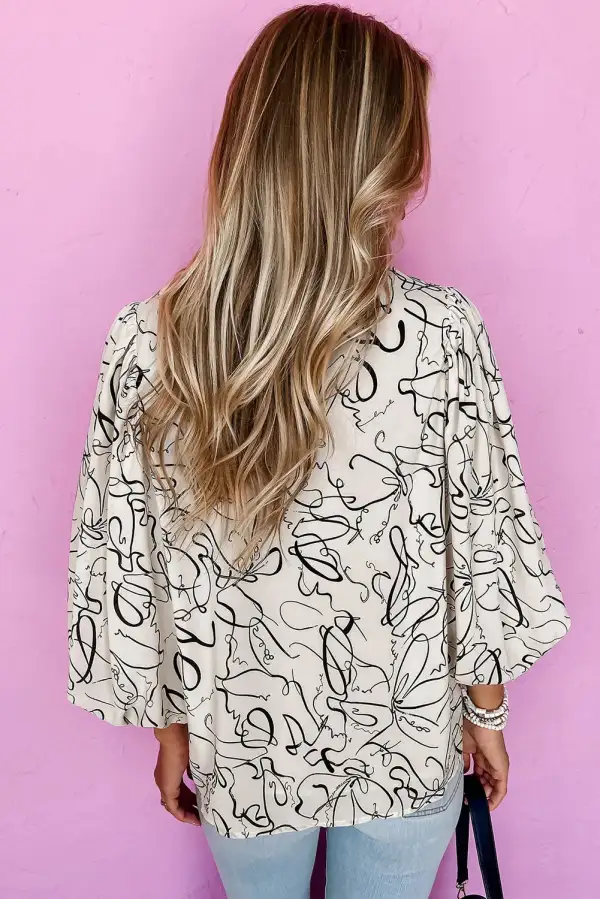 Abstract Print Crew Neck Puff Sleeve Blouse