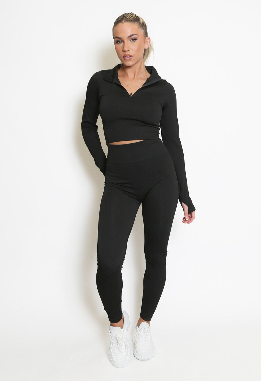 Ribbed Zip Top & Leggings Gym Set - Ruby