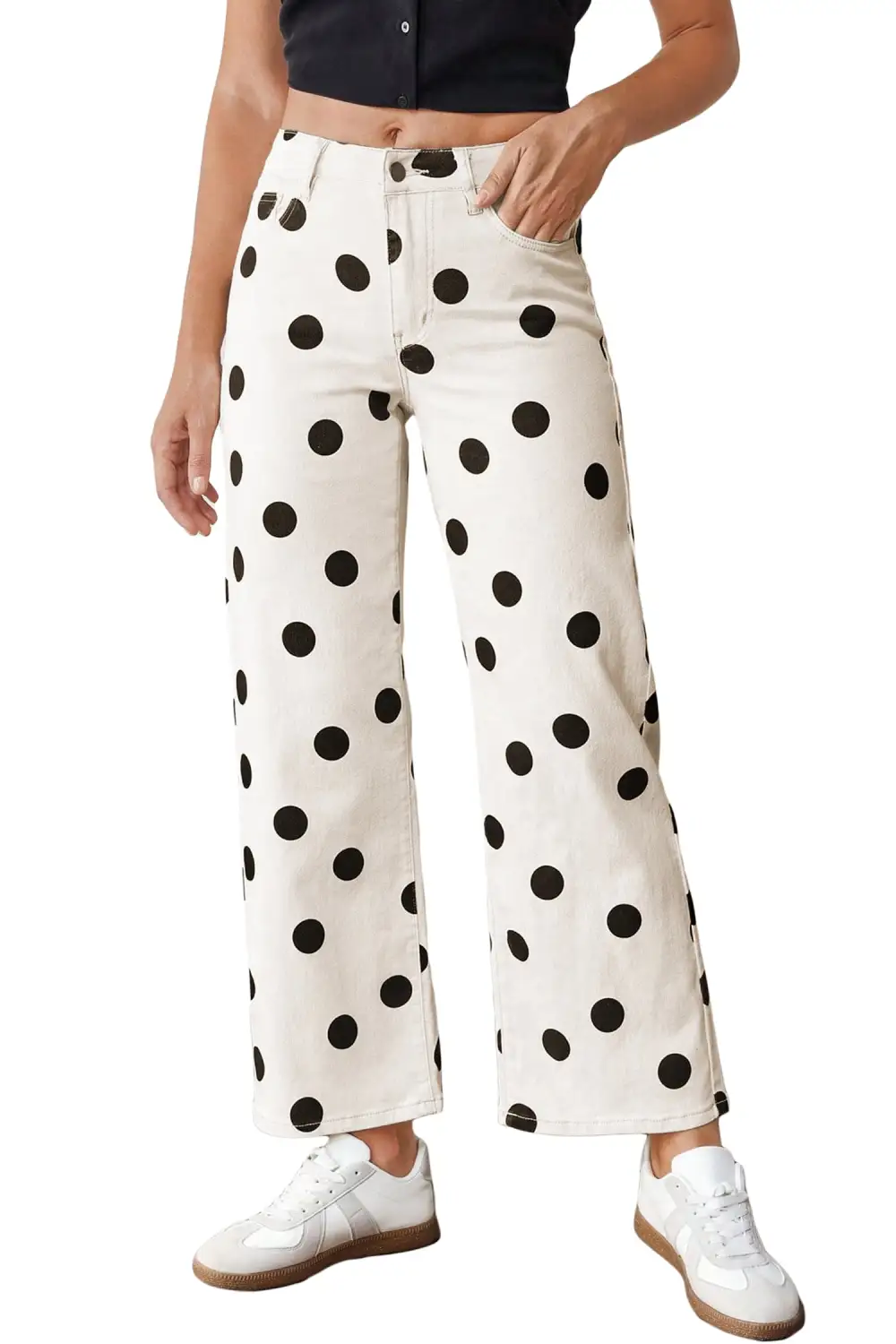 Wide Leg Print Polka Dot Ankle-length Jeans
