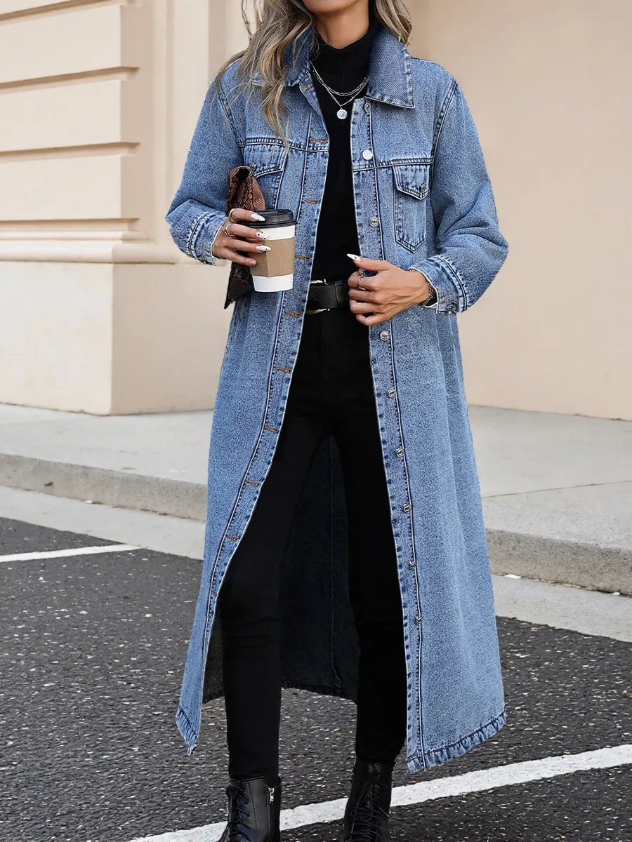 Single-Breasted Long Denim Jacket