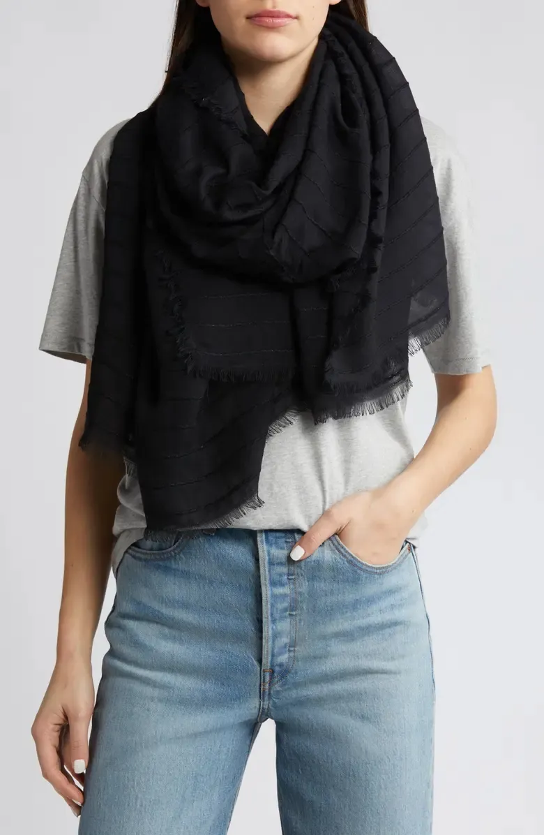 Textured Stripe Fringe Trim Scarf