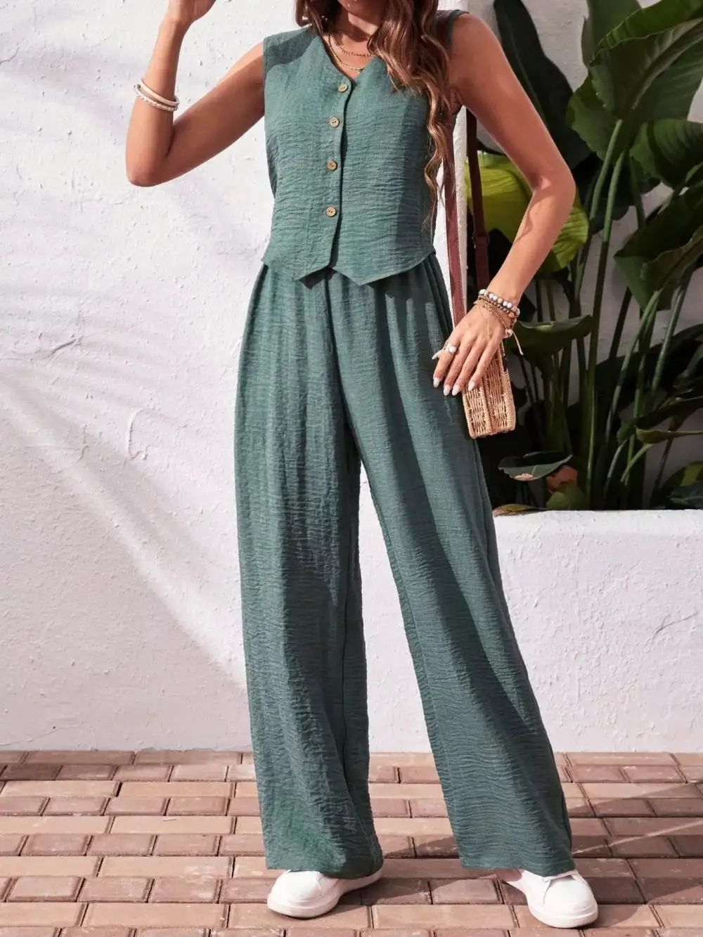 Button Front Wide Leg Jumpsuit