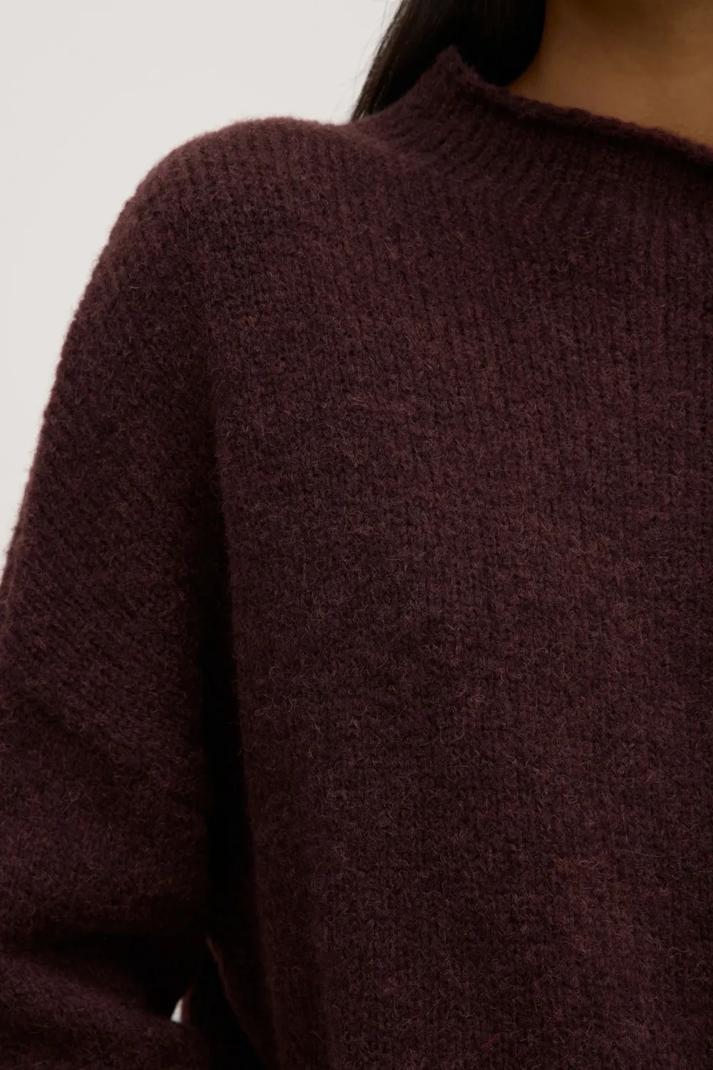 Loose Knit Sweater With Shoulder Drop And Stand Up Collar