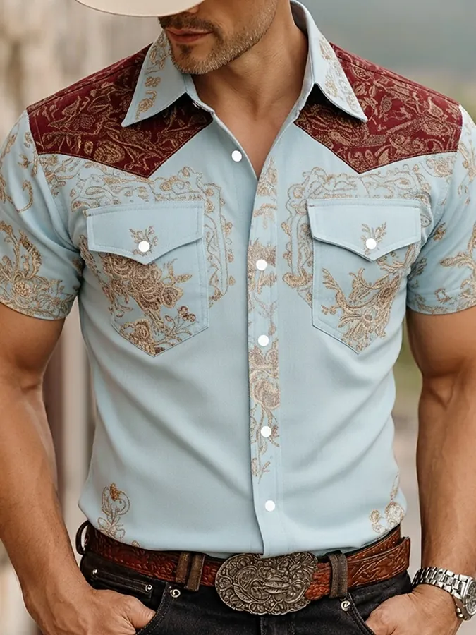 Men's Western Floral Jacquard Short Sleeve Shirt