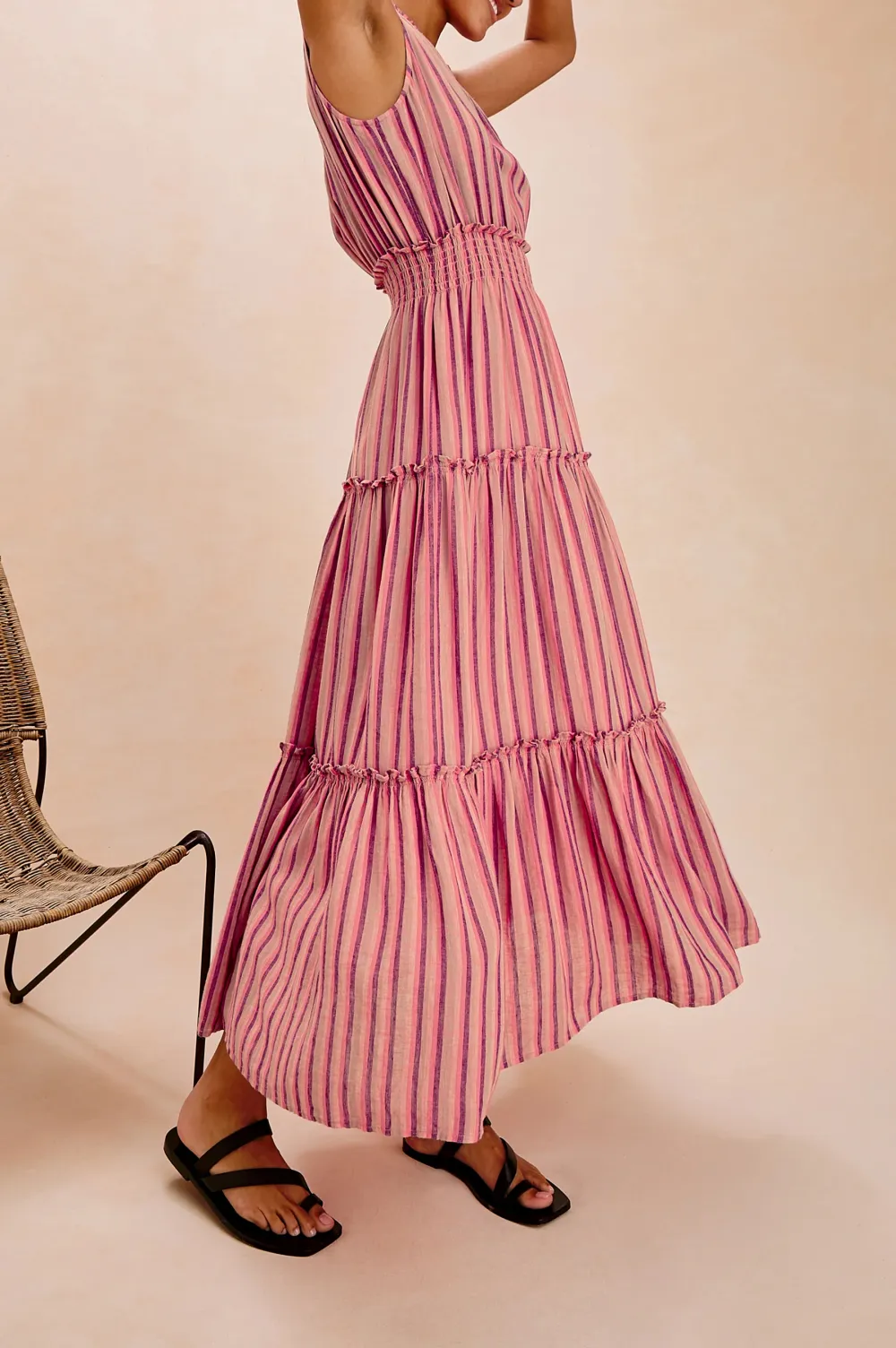 Cotton And Linen Blended Striped Dress