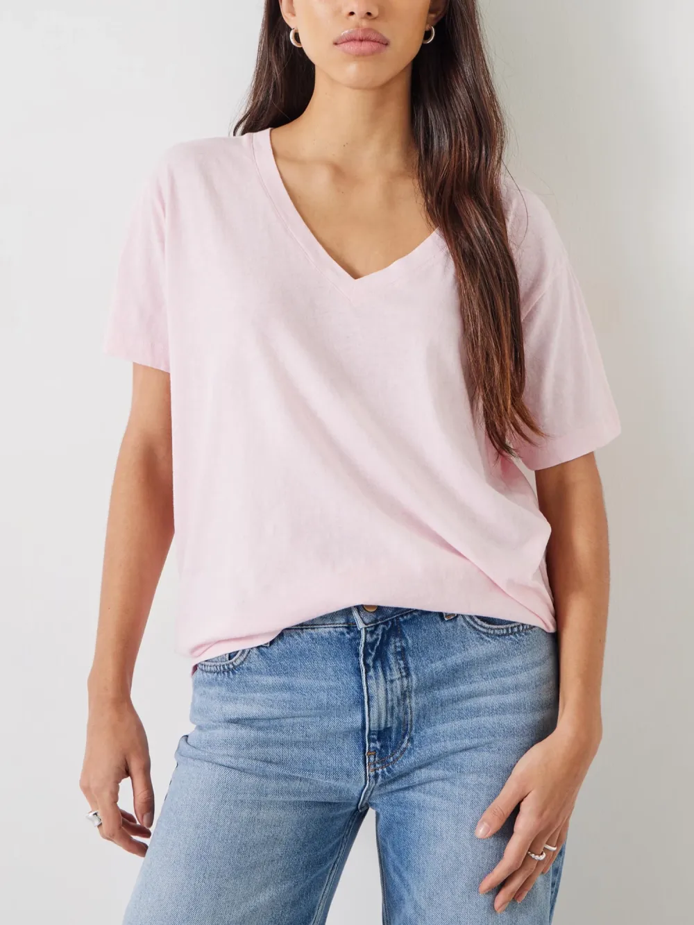 Plain Deep V-Neck Linen Blend T-Shirt