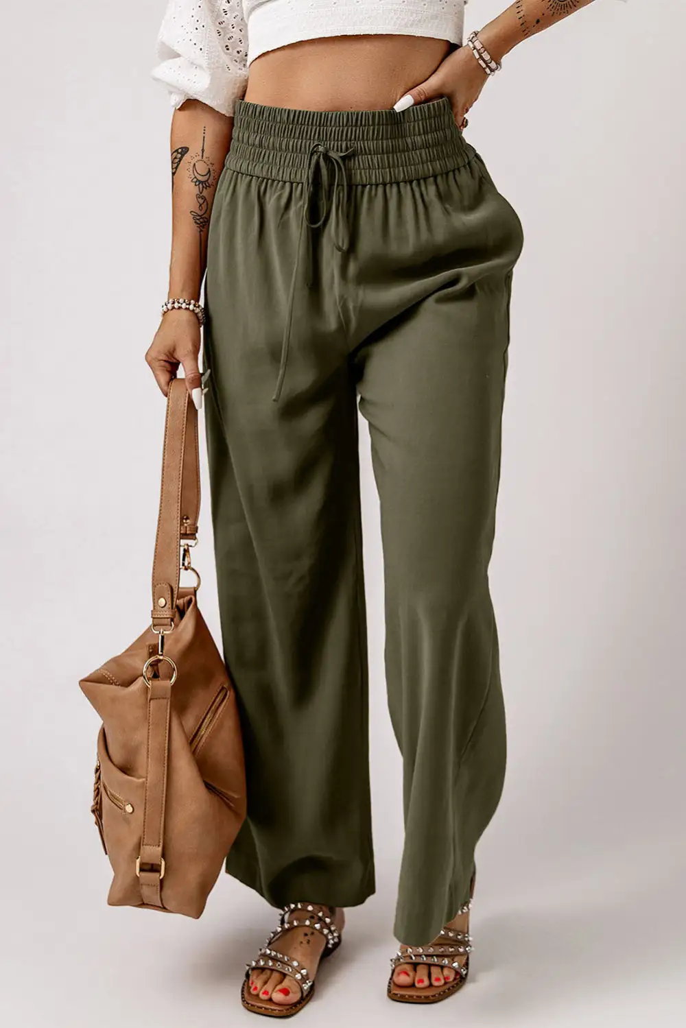 Drawstring Elastic Rise Wide Leg Pants
