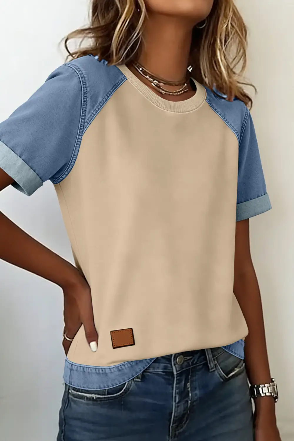 Denim Contrast Blocked Patchwork Round Neck Tee