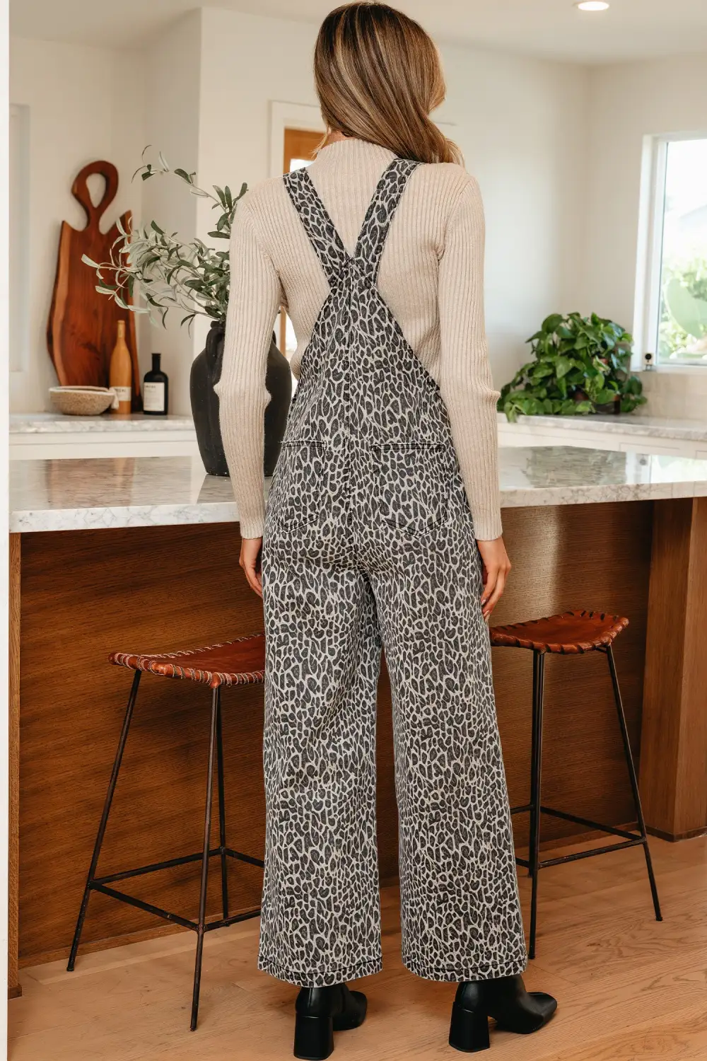 Leopard Print Straight Leg Loose Denim Overall Jumpsuit