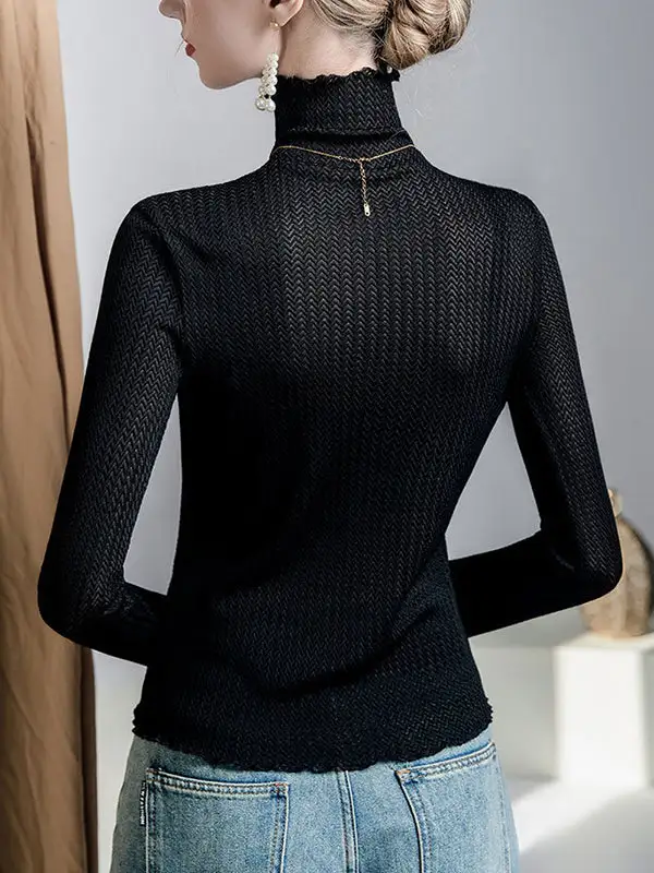 Long Sleeve Curve Fit Mesh Sheer Slightly Sheer Panel Detail High Neck T-Shirt
