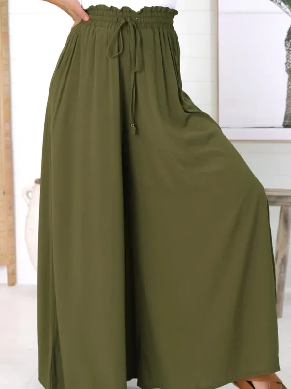 Army green cotton hemp vacation pants wide-leg pants