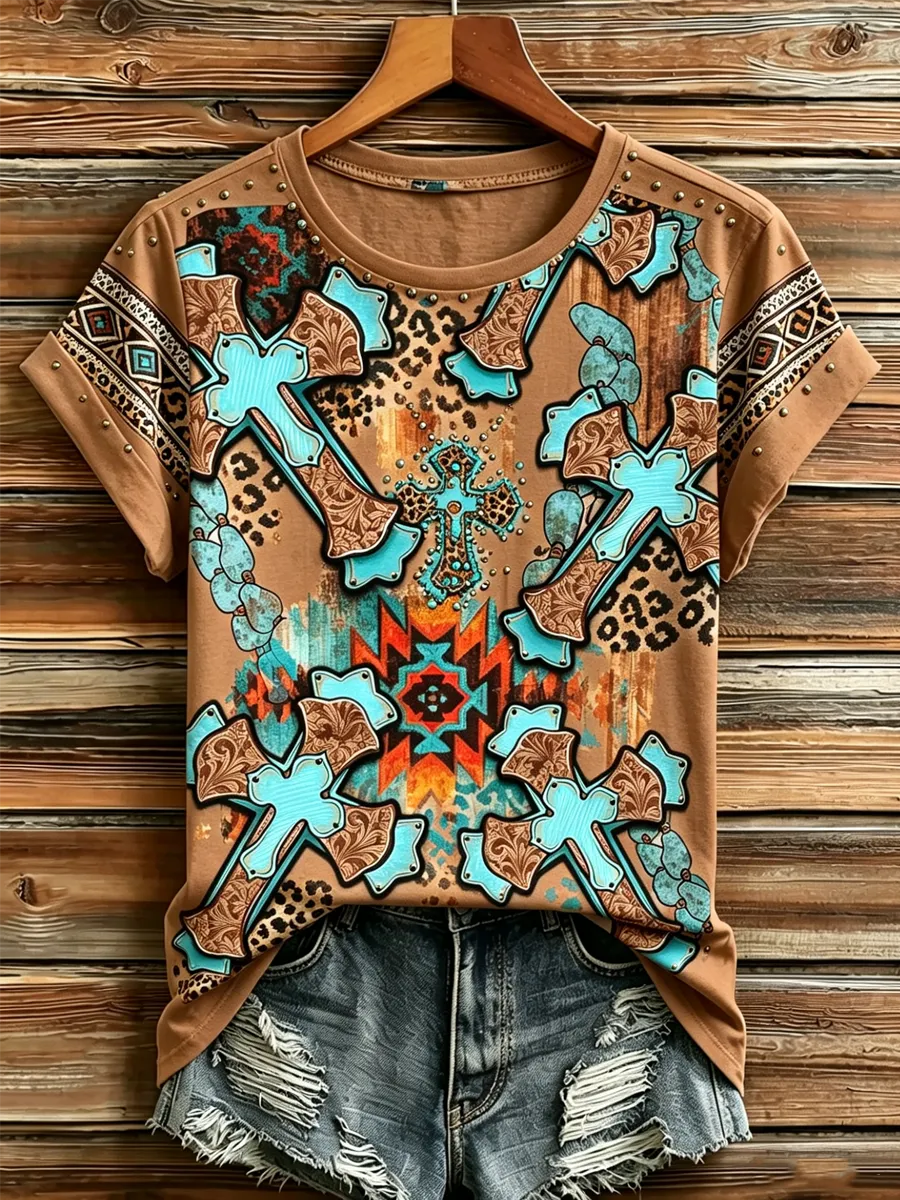 Women'S Casual Retro Western Faith Printed Short Sleeved Shirt