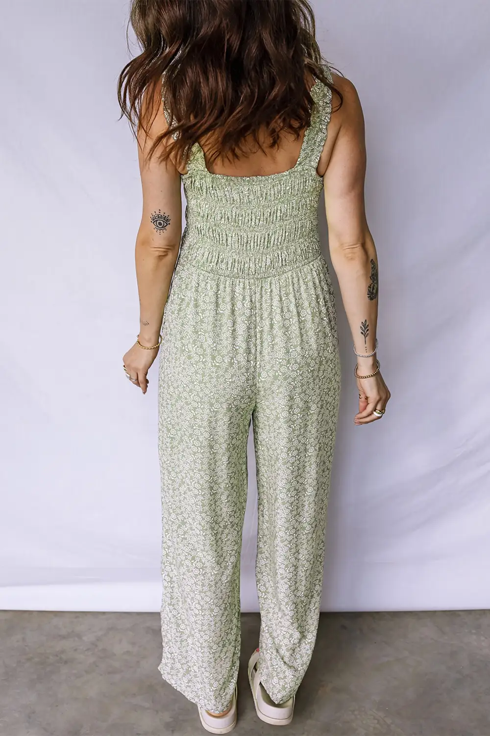 Smocked Bodice Square Neck Sleeveless Floral Jumpsuit