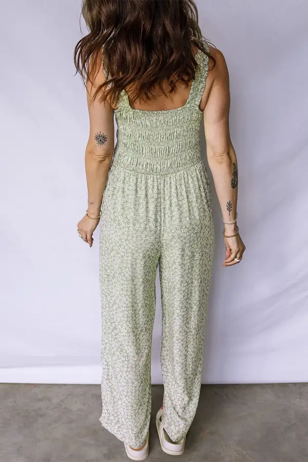 Smocked Bodice Square Neck Sleeveless Floral Jumpsuit