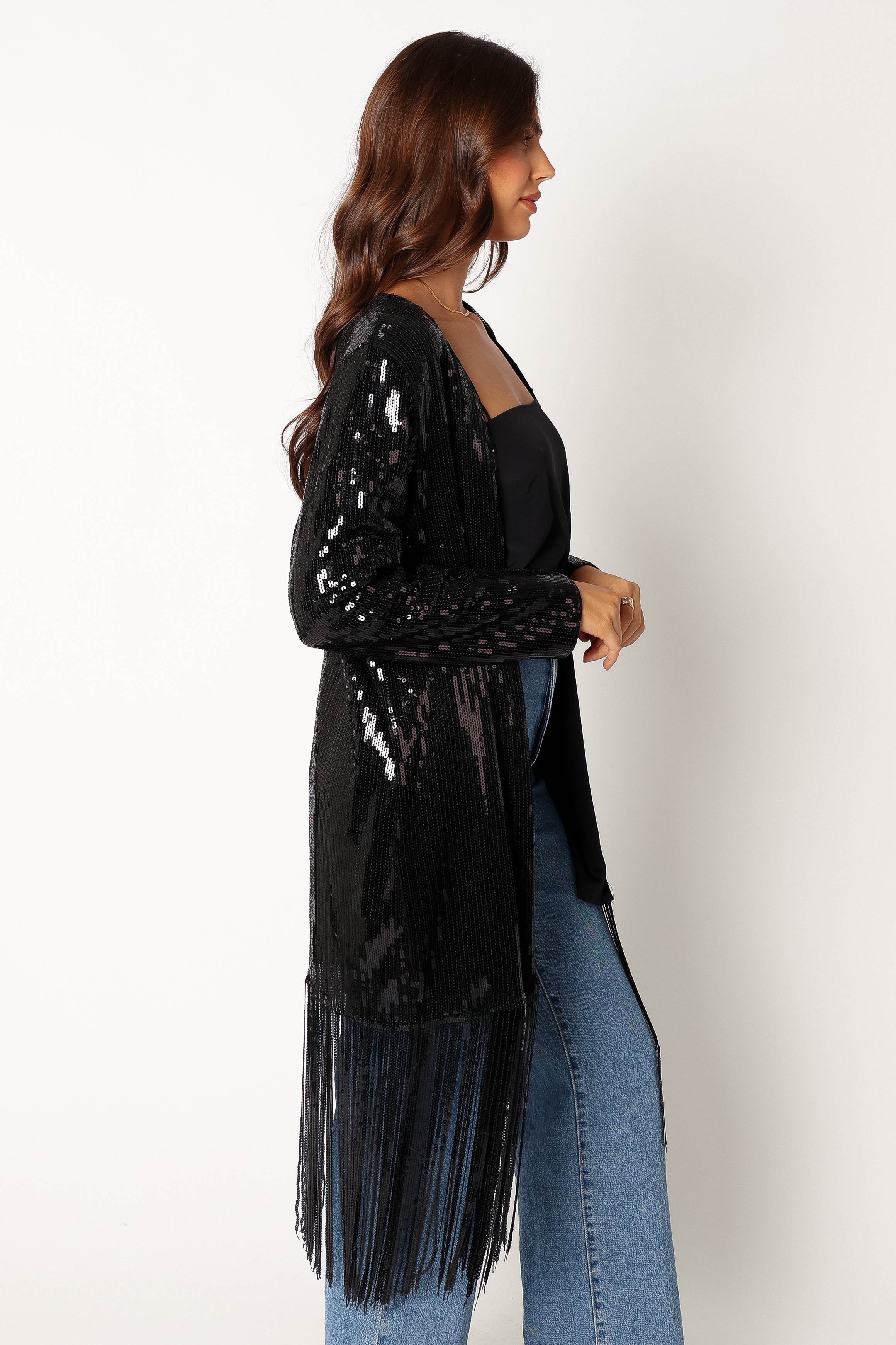 Miriam Sequin Fringe Duster - Black