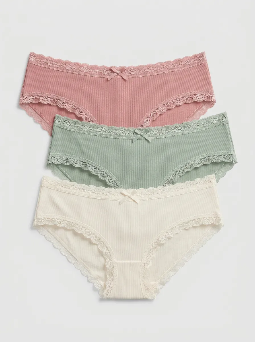 Lace-Trim Ribbed Bow-Detail Women's Three-Piece Panty Set