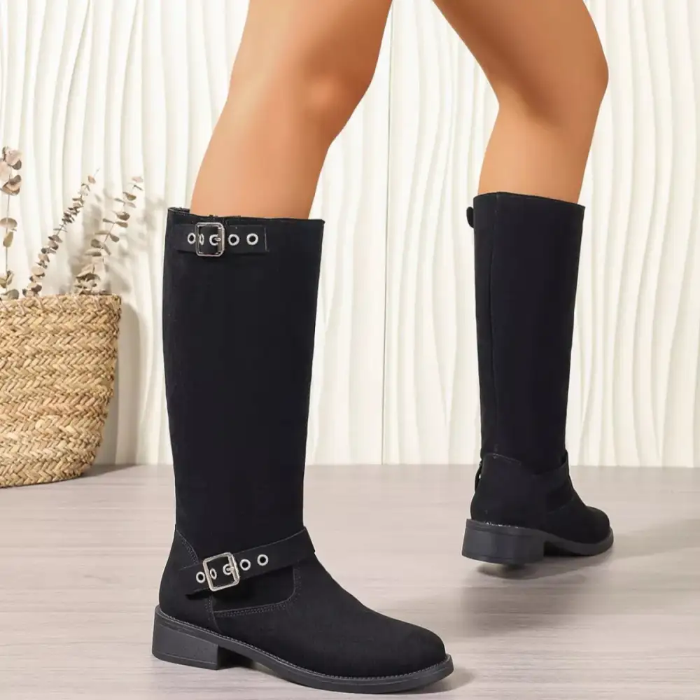 Textured Round Toe Block Heel Boots