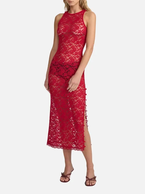 Sheer Lace Slit Sleeveless Dress